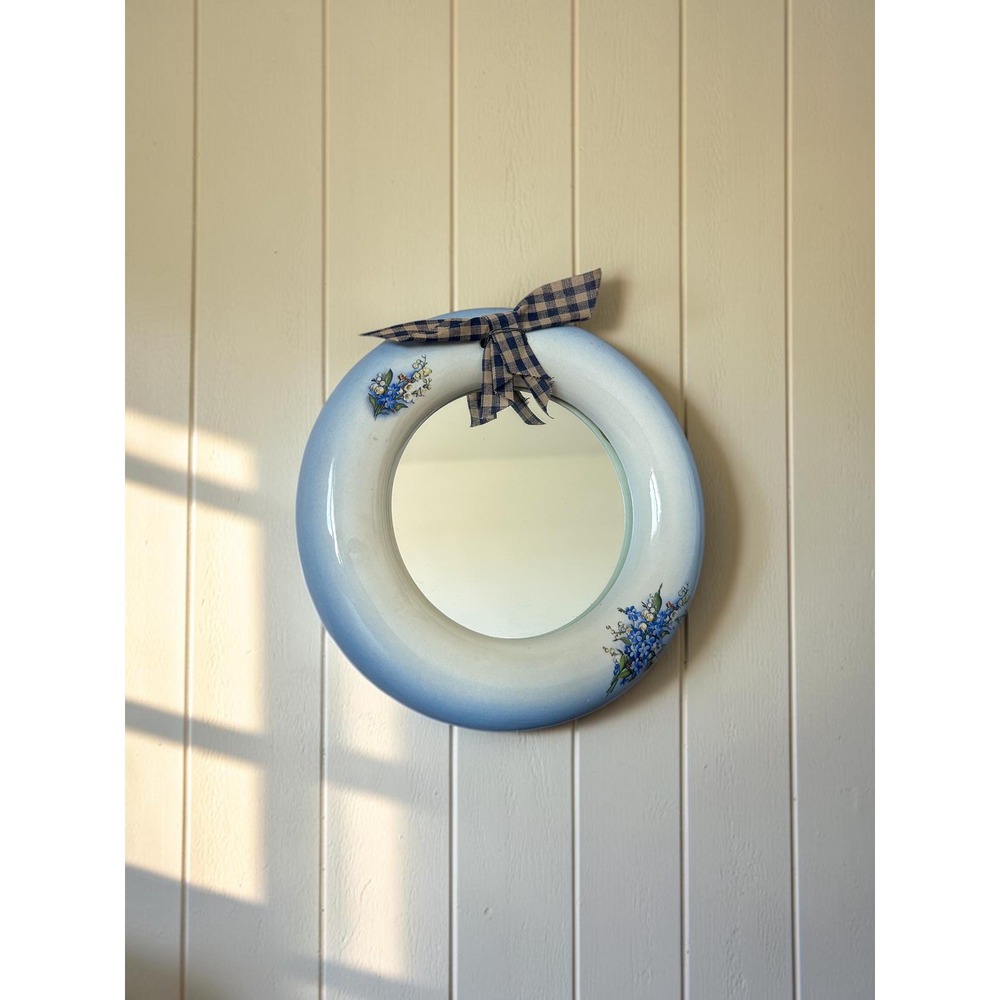 Vintage Small Blue Floral Ceramic Wall Mirror - Cottage Farmhouse Bow